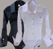 女装白色ol连体衬衫工作服，修身韩版职业牛角长袖纯色连裆衬衣