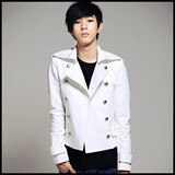春装新品韩版短款修身休闲白色小西装时尚镶边双排扣西服 潮男