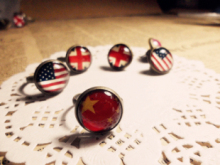 复古烧毁 美国英国中国国旗*复古铜 防过敏耳钉戒指@纯手作饰品