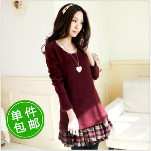 天使之城2012最新款秋冬装百褶假两件套装针织长袖连衣裙冬女裙子