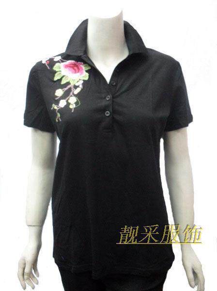 中老年<span class=H>服饰</span> 休闲女装 怡申一枝花翻领全棉T恤