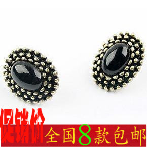  EH81 超赞品质！复古多彩椭圆宝石镶嵌耳钉饰品批发 厂家直销