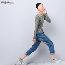 初语の新款春装 加厚 保暖磨毛打底衫 超舒服条纹长袖T恤