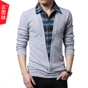 男装韩版衬衫领假两件修身弹力棉长袖T恤有特大号加肥加大码