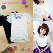 韩版夏装纯色女生蕾丝短袖泡泡袖，修身黑色白色t恤女装上衣打底衫