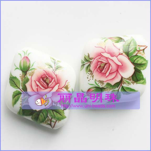 DIY 进口日本彩绘手绘珠 菱形 30mm 白底粉牡丹 18元/个