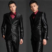 男士结婚西装套装韩版修身商务黑色亚光反光亮面面料西服