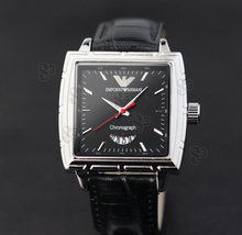 ARMANI (Armani).  un cuadrado con un calendario de reloj pulsera de piel de ternera.  negro y concha blanca.  Negro