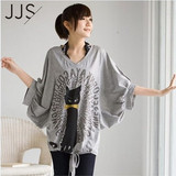 春夏装新品2011女装甜美可爱猫咪蝙蝠式中长款全棉百搭T恤