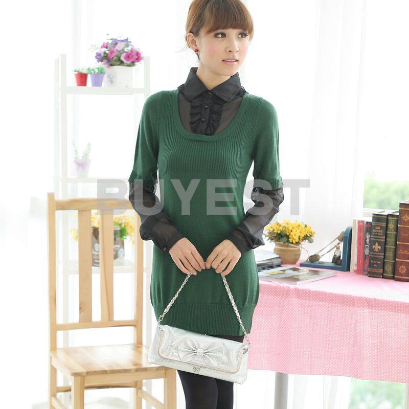 [<span class=H>ON</span><span class=H>LY</span> SZ]2011秋装新款 假两件长款套头针织衫配腰带女装正品 绿