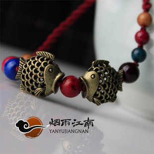  烟雨江南脚链原创饰品脚环五色铃铛红绳天然民族风女复古足双鱼女