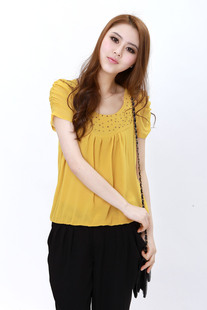 夏季 韩版姜黄色宽松双层雪纺衫 短袖泡泡袖镶钻圆领上衣