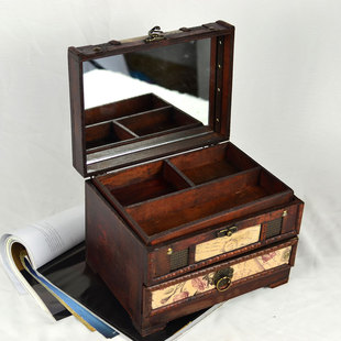 仿古带锁首饰盒古风梳妆盒百宝，盒带镜木质做旧仿古收纳盒创意礼物