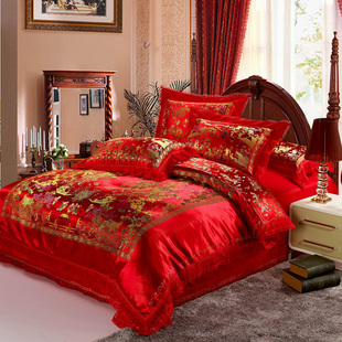 新龙凤(新龙凤)百子图婚庆，用床品大红色，结婚四件套绸缎床单被套床上用品厂