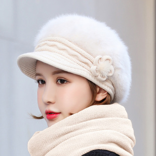 帽子女秋冬季韩版针织帽，保暖贝雷帽毛线帽时尚，加厚护耳帽兔毛帽