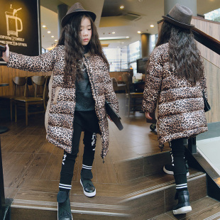 女童冬装豹纹棉衣中大童韩版中长款时尚大衣棉袄外套