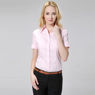女士短袖衬衫夏粉红色暗斜纹，v领修身时尚商务休闲职场上班面试