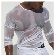 性感透明网纱长袖T恤超薄透气修身时尚潮男健身T恤健美肌肉男上衣