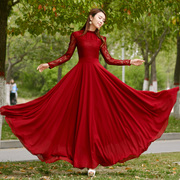 2024春季长裙女装荷叶边立领蕾丝雪纺，大摆长袖红色连衣裙显瘦