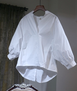 法式V领泡泡袖白衬衫慵懒风众设计感上衣 灯笼袖宽松韩范衬衣早秋