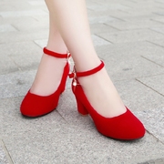 秋季红色结婚鞋新娘鞋子中式婚礼，红鞋粗跟高跟鞋大小码中跟孕妇鞋