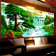 印花十字绣迎客松流水，生财十字绣客厅，2米大幅风景山水画系列