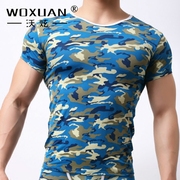 WOXUAN男士T恤弹性锦纶丝滑迷彩圆领运动短袖上衣男生内衣WX-1801