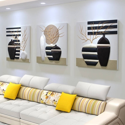 客厅装饰画3d立体浮雕沙发，背景墙装饰画三连画简约时尚客厅挂