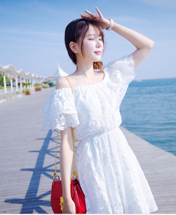 2020韩版大码性感露肩，一字领蕾丝减龄收腰显瘦气质淑女连衣裙