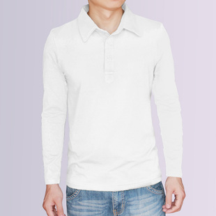 秋季纯棉男翻领长袖t恤商务有领纯白色，外穿体恤上衣带领打底衫