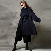 独立设计oversize超宽松大翻领，系带大衣毛呢外套，蓝黑个性欧美高端
