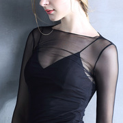 透明黑色网纱打底衫女长袖，性感内搭罩衫薄纱透视一字肩蕾丝上衣潮