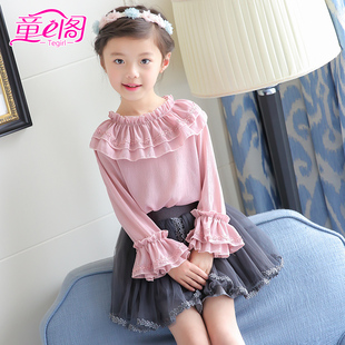 儿童雪纺衬衫淑女风童装，2024秋季女童荷叶领衬衣，韩版公主上衣