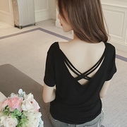 2023夏装韩版个性纯色薄t恤v领性感短袖，露背交叉简约上衣女潮