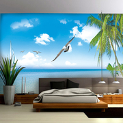 延伸空间海鸥大型壁画客厅电视，背景墙蓝色地中海墙纸海景卧室壁纸