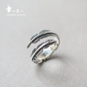 原创设计羽毛s925纯银，复古泰银开口可调节时尚韩版戒指文艺指环女