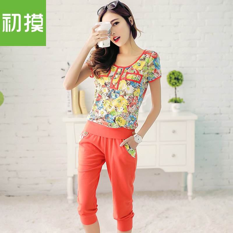 2016夏季大学生碎花套装女大码显瘦短袖七分