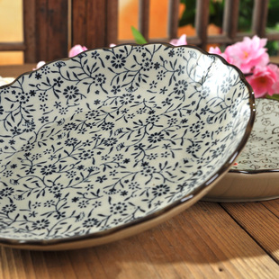 复古日式釉下彩陶瓷盘子套装，外贸瓷器8寸菊花盘餐具菜盘平盘