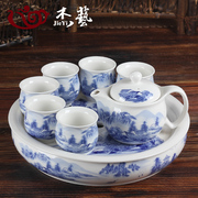 茶具套装家用客厅，整套茶具青花瓷双层陶瓷简约功夫茶盘茶杯大茶壶