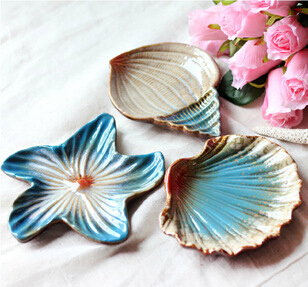 创意地中海时尚陶瓷果盘，小碟子小盘子肥皂盒，海星海贝海螺摆件