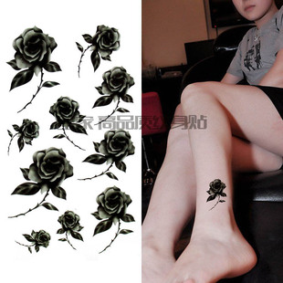 小清新黑白玫瑰花性感防水纹身贴女持久锁骨，脚踝贴花网红