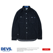 蓝牌DEVSAW黑色水洗条纹拼接弧形下摆牛仔衬衫18