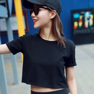 纯棉短款露肚脐t恤女短袖宽松高腰韩国女装，黑色短装性感圆领上衣