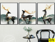 数码画填色diy数字油画，三联三拼客厅大幅风景，花卉手绘装饰画鹿