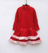 秋冬毛呢品牌长袖连衣裙，红色绣花蛋糕裙，女童裙子120-130cm