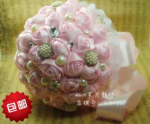韩式新娘手捧花 手工缎带玫瑰花球 婚礼胸针珍珠水钻半球形
