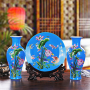景德镇陶瓷器中国红年年有余三件套花瓶挂盘客厅，家居装饰品摆件