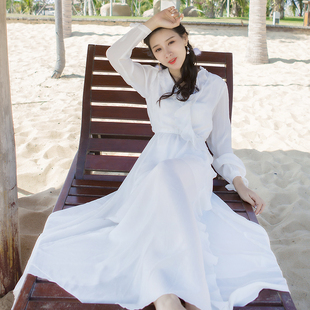 马尔代夫白色沙滩裙女夏超仙海边度假长袖雪纺显瘦三亚长裙连衣裙