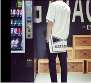 大码韩版夏季长款短袖男卡通，大款前短后长男，长t恤开叉分叉半袖