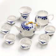 整套薄胎玲珑青花陶瓷功夫，茶具水晶镂空茶具，套装手提礼盒赠送